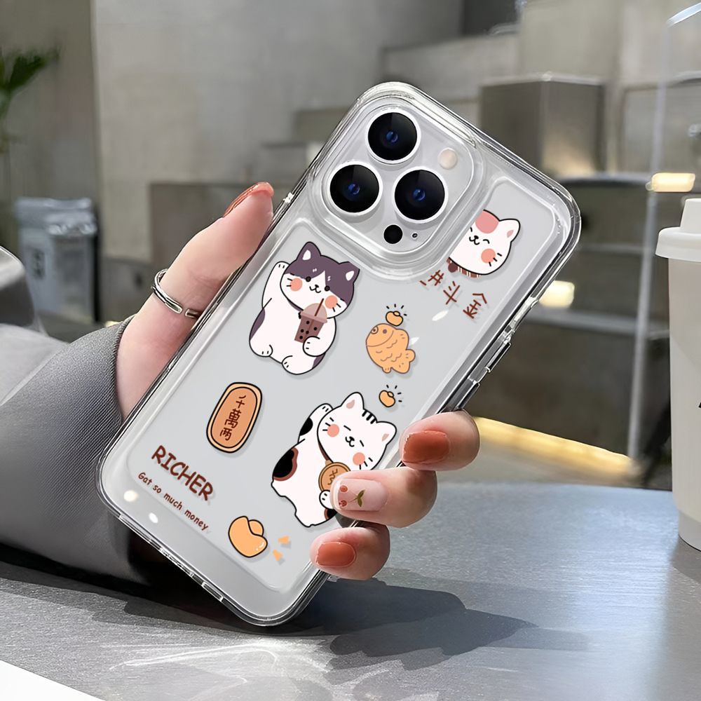 IPHONE Fortune Cat Soft Phone Case Kompatibel Untuk Iphone14 13 12 11 Pro XS Max Casing Transparan X XR 78 Plus Cover TPU Shockproof