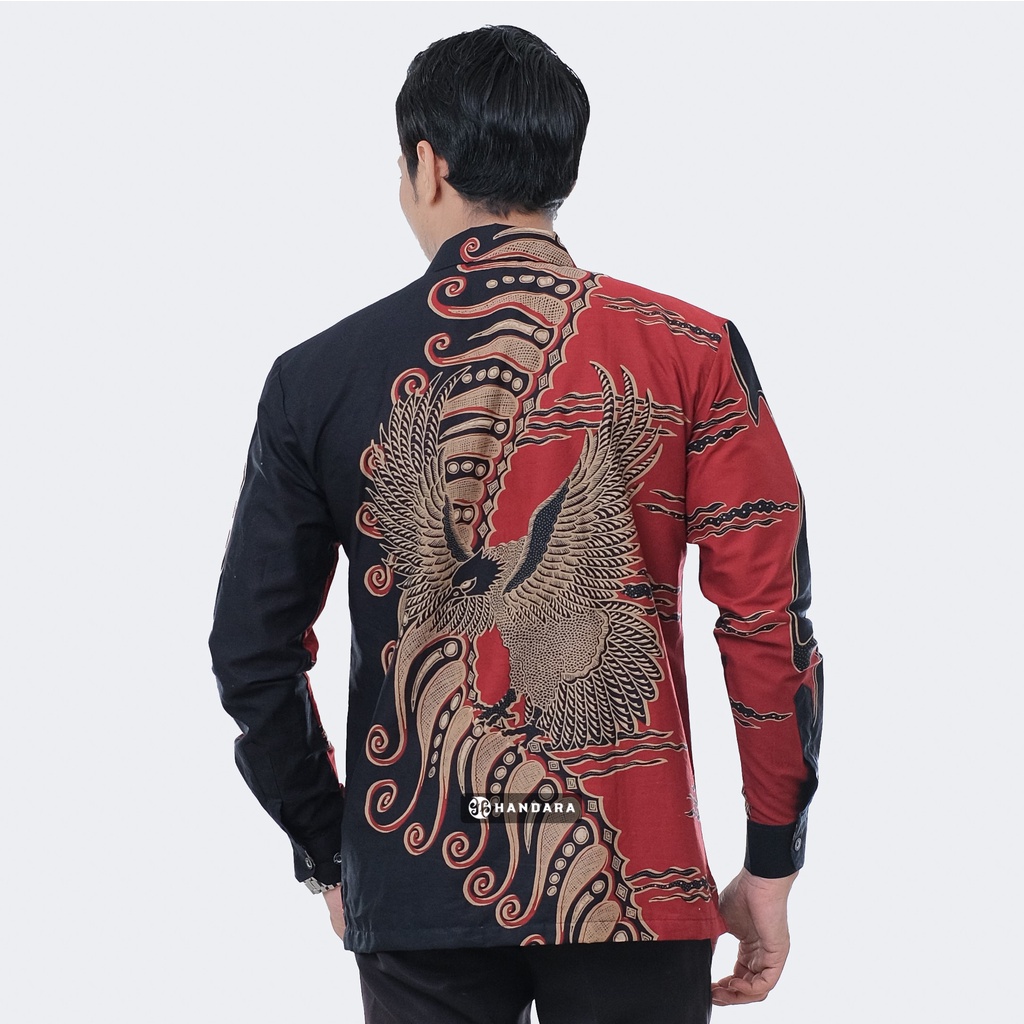 Baju Kemeja Batik Pria Lengan Panjang Slim Fit Premium Modern Full Furing Katun Halus Original Handara Motif Erlang Merah Hitam HB-290