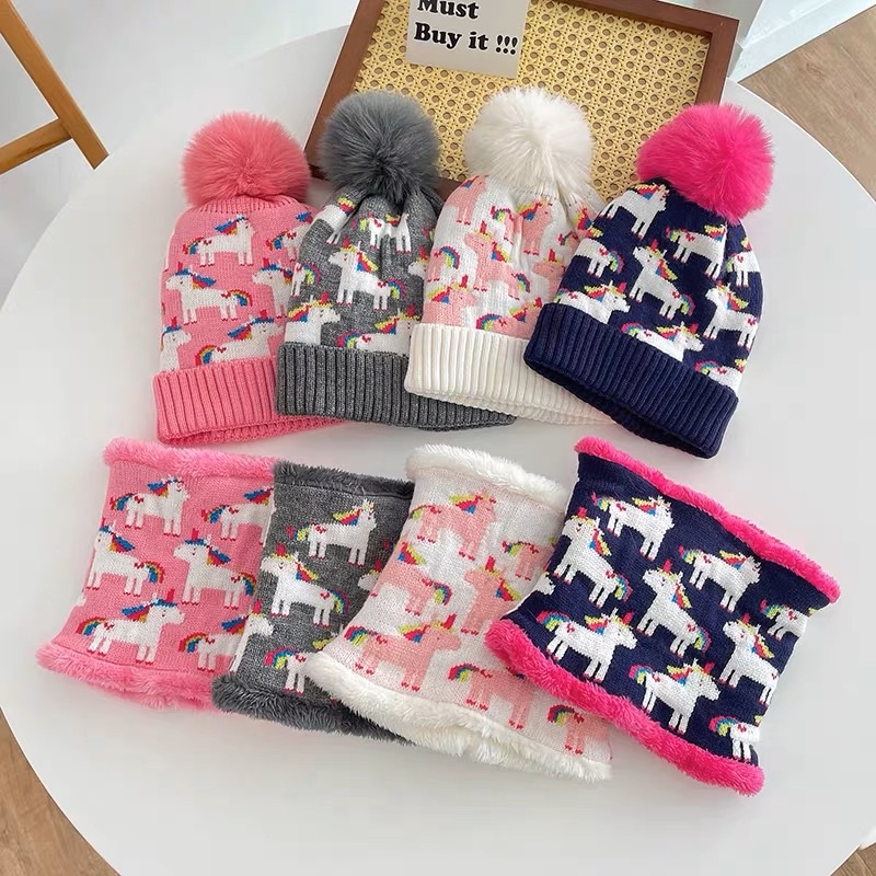 Kids beanie set winter topi syal hangat anak bayi Baby hat neck warmer import musim dingin cowok cewek unicorn