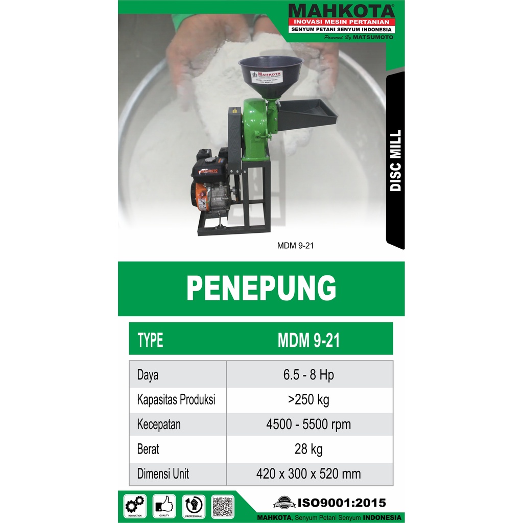 Mesin Giling Tepung MAHKOTA MDM9-21 / Mesin Gilingan Penggiling Biji Bijian Beras Jagung Cabai Cabe Penepung Tepung MDM 9 21 / Disk Mill MDM 9-21 MAHKOTA