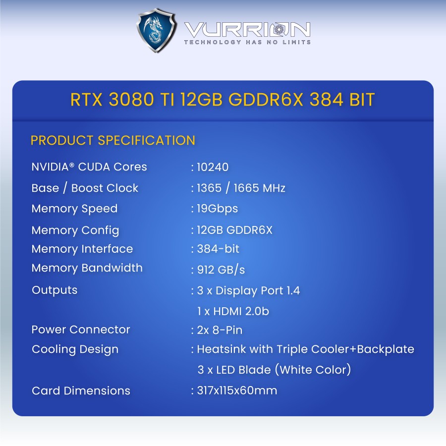 VGA NVIDIA - VURRION RTX 3080 TI 12GB GDDR6X 384-bit