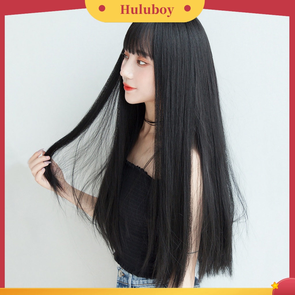 Wig Rambut Panjang Lurus Breathable Bahan Serat Suhu Tinggi Warna Hitam Untuk Wanita