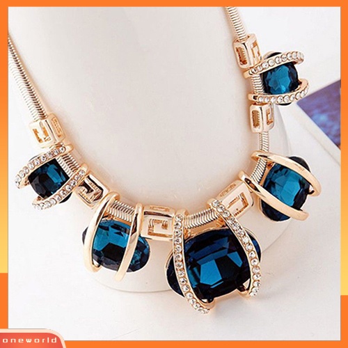 [WONE] Wanita Fashion Shiny Pendant Chain Choker Pendek Statement Bib Biru Kalung