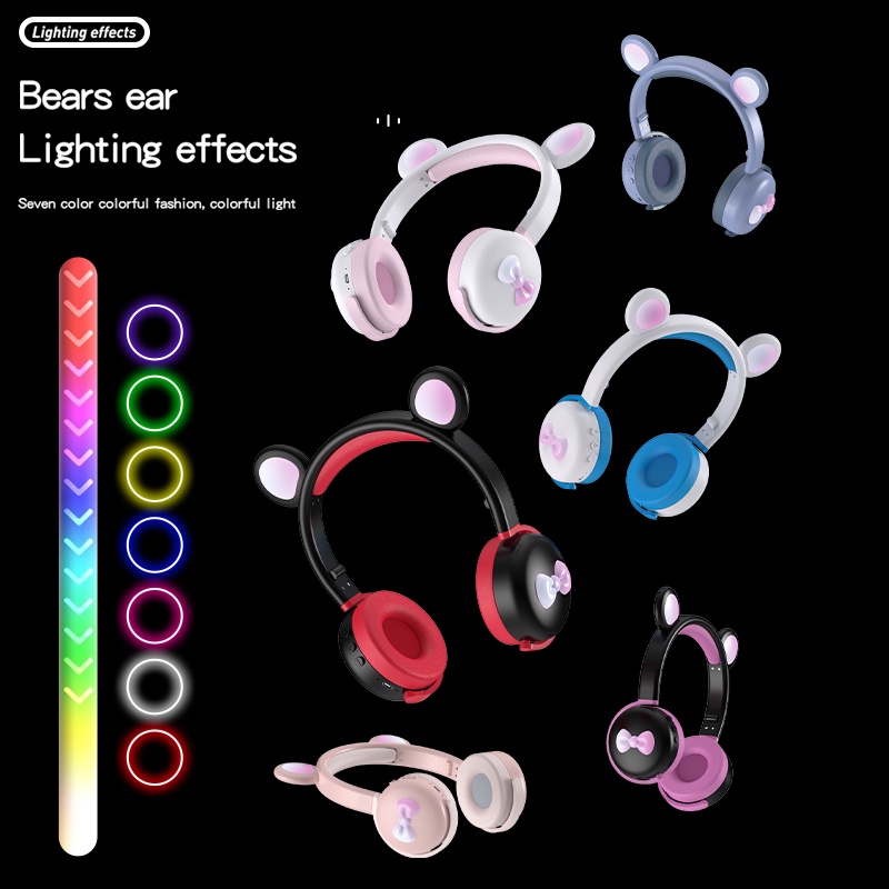 Bluetooth Headphone Wireless Headset with Mic RGB Lights Over-Ear LED Light Cute Kids Headphones Gaming Earphone for PC Game Laptop Pad HP