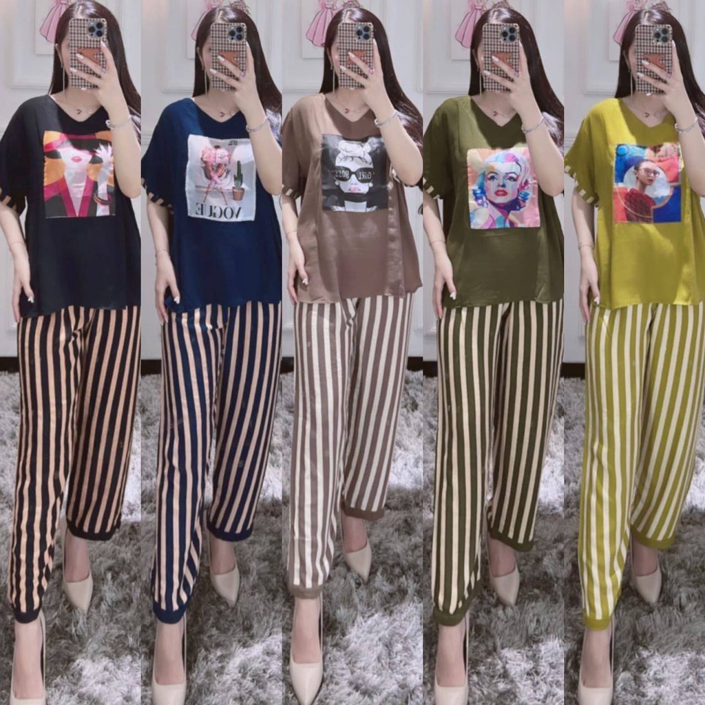 Baju Daster Setelan Stelan Set One Set Celana Panjang Lengan Pendek Arab Busui Motif Kekinian Model 