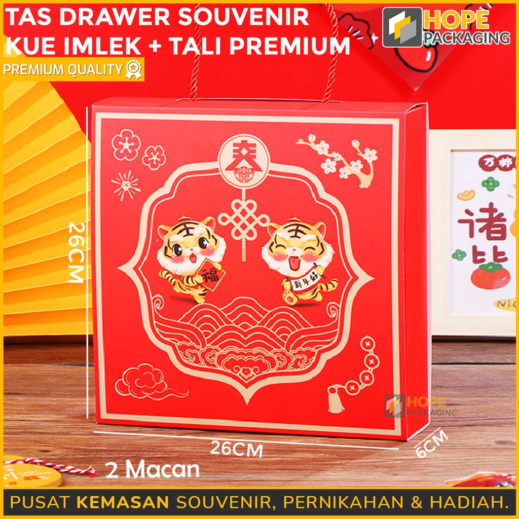 Goodie  Souvenir Hampers Bag / Tas Drawer Souvenir Kue imlek + tali premium