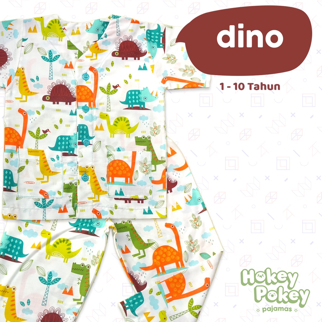 Setelan Baju Tidur Piyama Anak Laki Laki Tanpa Kerah Motif Dino Putih