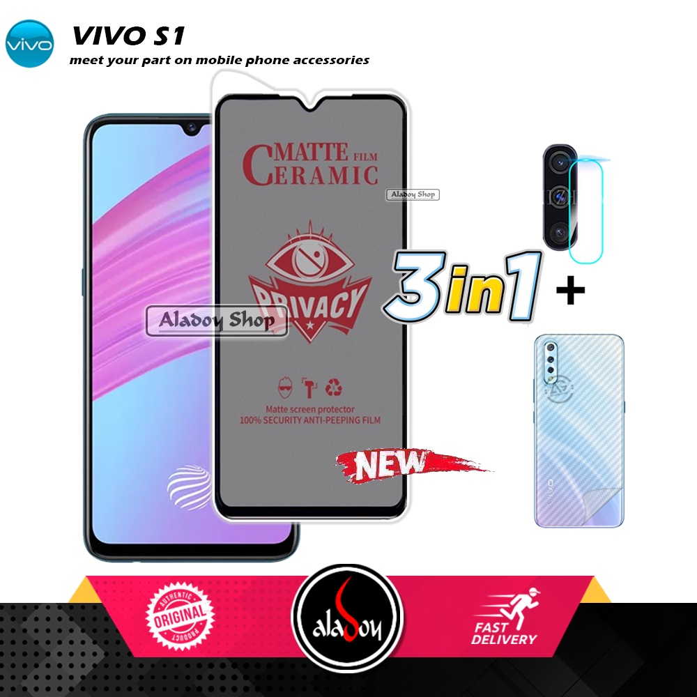 Tempered Glass Anti SPY Vivo S1 Anti Gores Privacy + Tempered Glass kamera dan Skin Carbon