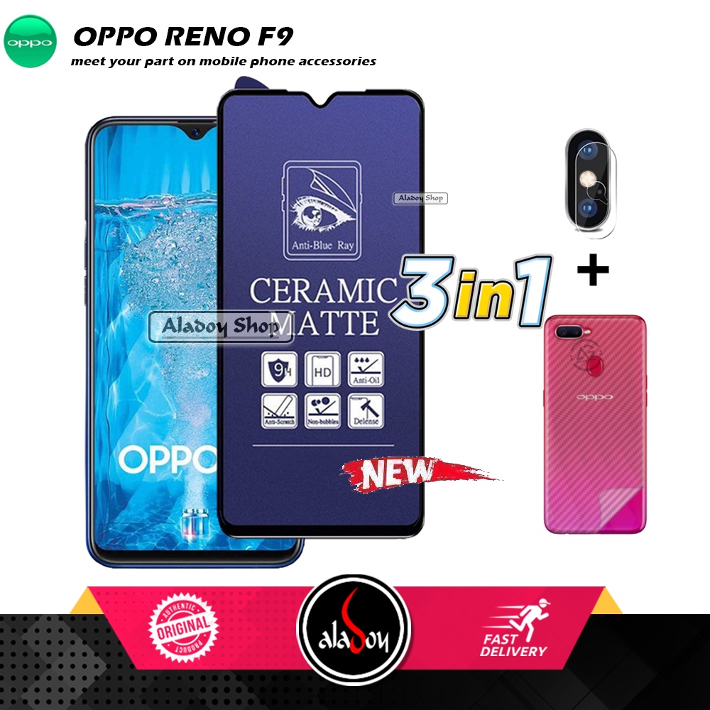 PAKET 3IN1 Anti Gores Blue Matte Anti Glare Oppo F9 + Tempered Glass Camera dan Skin Carbon