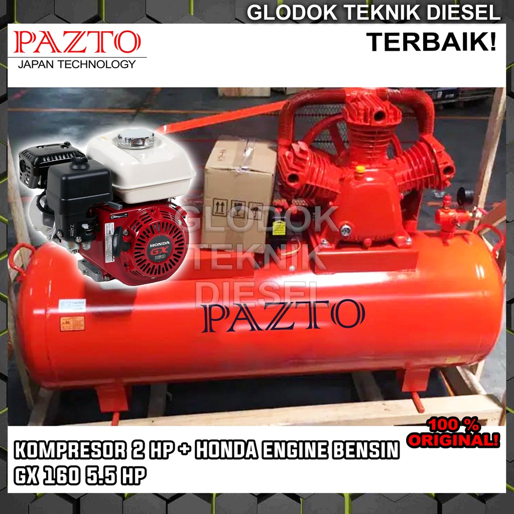 PAZTO Kompresor Angin 2 HP + HONDA Engine Bensin GX 160 5.5 HP PK ORIGINAL TERBAIK