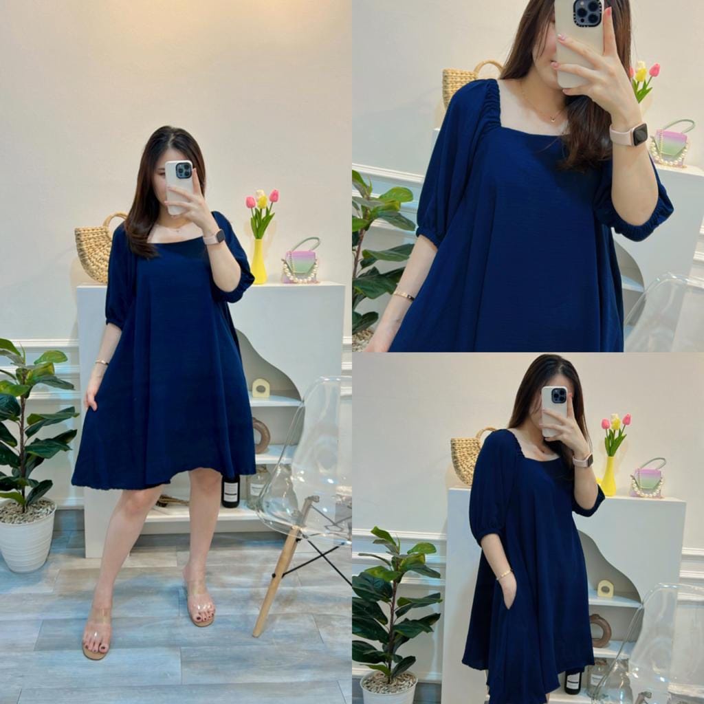 DELIVIA DRESS WANITA CREPE / DRESS TERUSAN WANITA LENGAN PUFF