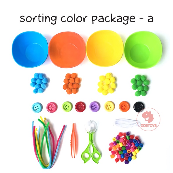 Zoetoys Paket Hemat Motorik Sorting Color Package |  Paket Montessori Mangkok Memisahkan Sorting Warna Pompom Kancing Tweezer Bowl Set