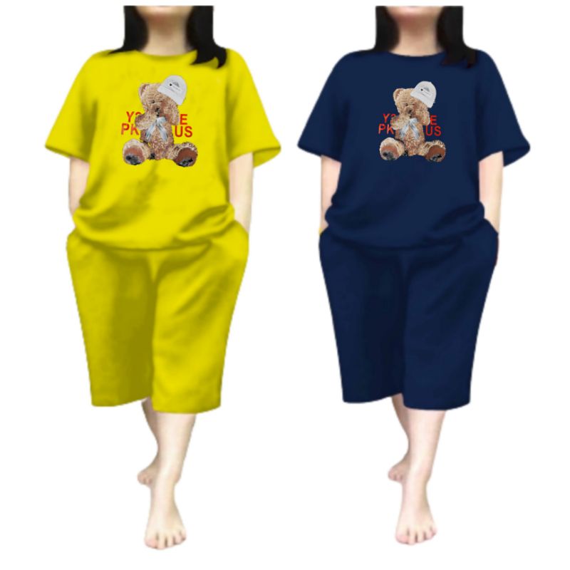 Baju Setelan Wanita Dewasa Jumbo Ld 115 Cm One Set Wanita Kaos dan Celana Pendek Oversize 3/4 Baju Setelan Cewek Dewasa Terbaru 2023 Kekinian Stelan Wanita  Dewasa Viral Set beruang topi favorite