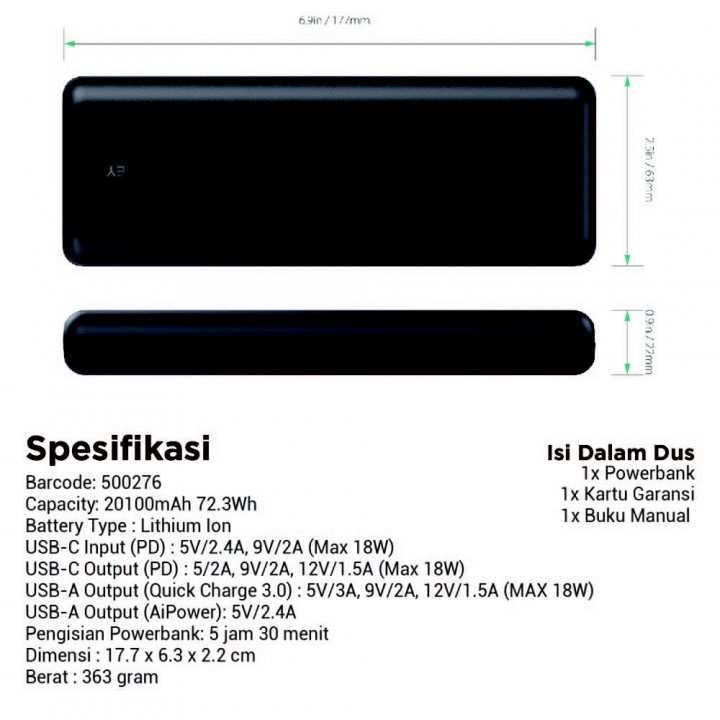 AUKEY PB-XD20 - 20100mAh 3-USB Output Powerbank USB-C PD and QC 3.0