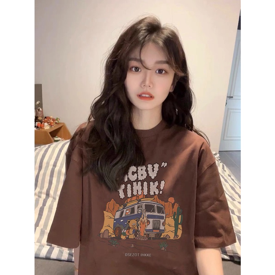 100% Katun Graphic Tee Baju Wanita Cartoon Cute Bear and Letter Atasan Wanita Oversize Kaos Putih T-shirt Couple Korean Style