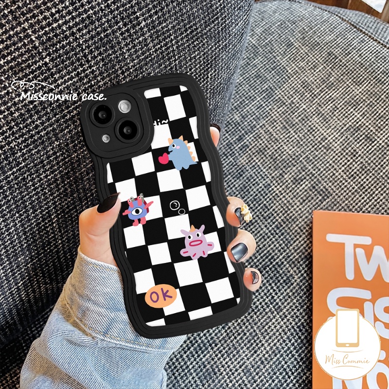 IPHONE Case Kompatibel Untuk Iphone6 6s 87plus 11 14 13 12 Pro Max 14Plus XR X XS Max SE 2020papan Catur Diamond Grid Kartun Monster Kecil Lembut TPU Bergelombang Penutup Tepi