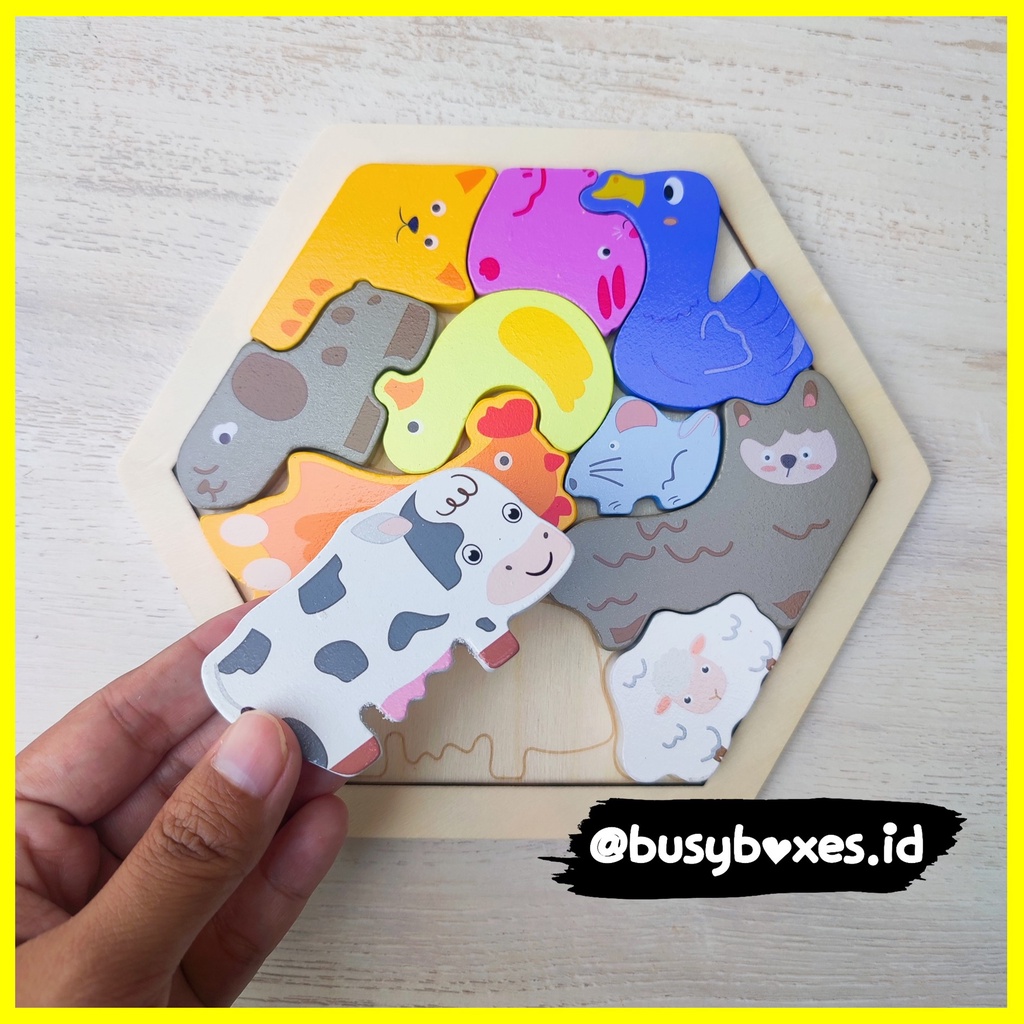 Busyboxes.id Mainan anak puzzle edukasi anak 1 2 3 tahun laki laki perempuan mainan edukasi Montessori puzzle jigsaw 3d kayu hewan binatang seri -  hexagonal peternakan animals farm