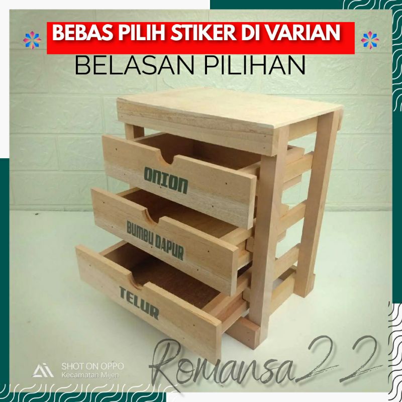 Rak Tempat Bumbu Dapur Set Wadah Toples 3 Susun Kotak Telur Keranjang Bawang Mini Kayu Stiker Esteti