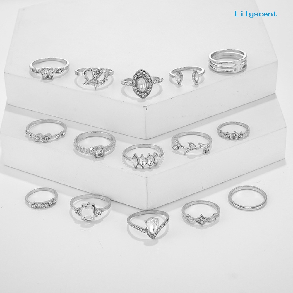 [LS]15Pcs /Set Boho Wanita Berlian Imitasi Daun Hati Geometris Jari Cincin Perhiasan Hadiah