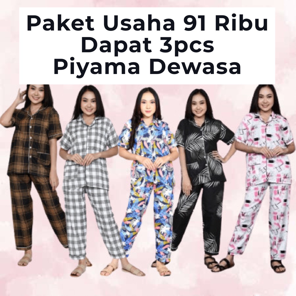 Paket Usaha Baju Tidur Piyama Wanita CP Dapat 3 Setel Harga Murah Motif Trendy Kekinian