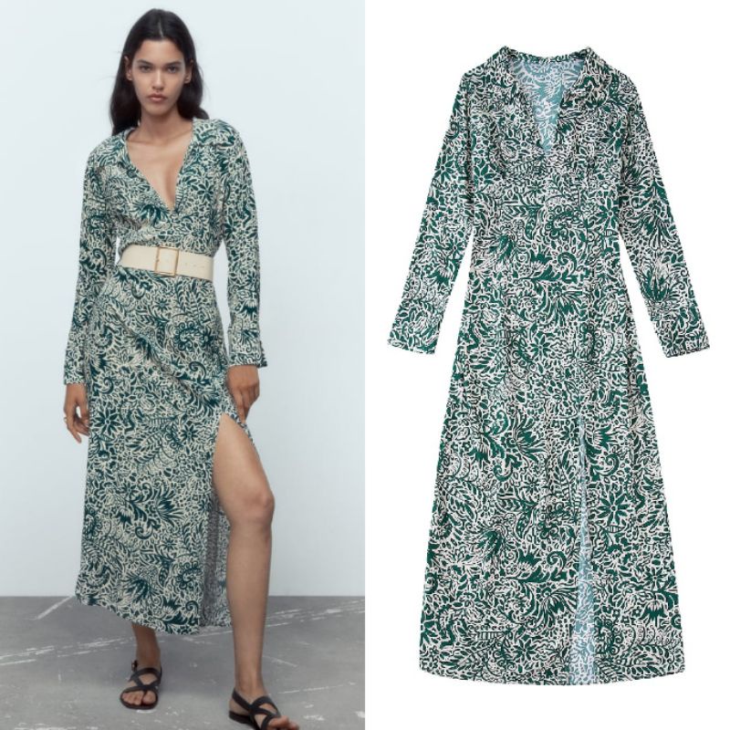 Green Retro Pattern Long Dress  68563 (SALE)