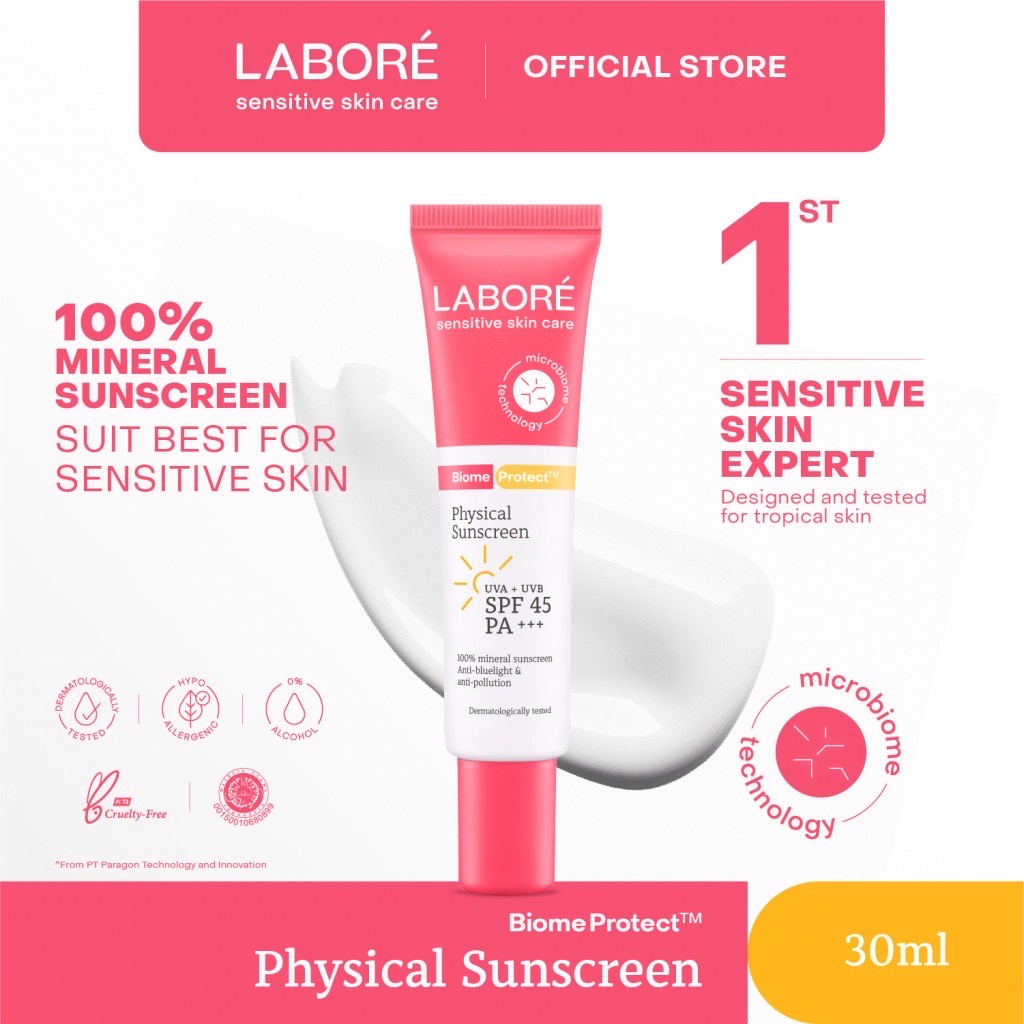 LABORE BiomeProtect Physical Sunscreen Indonesia / Tabir Surya Wajah 10ml 30ml / 100% Mineral Sunscren Anti Bluelight Pollution / UV Protection Sunblock / Sensitive Skin Care Kulit Sensitif Skincare Face Wash Toner Serum Day Night Cream Moisturizer Mask