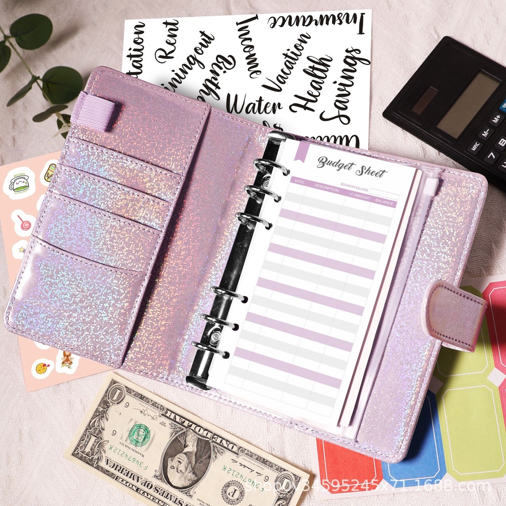 A6 Glitter Binder Dengan Kantong Ritsleting Amplop Tunai Dengan Label Stiker Untuk Penganggaran Penyimpanan Folder PengOrganizer Uang