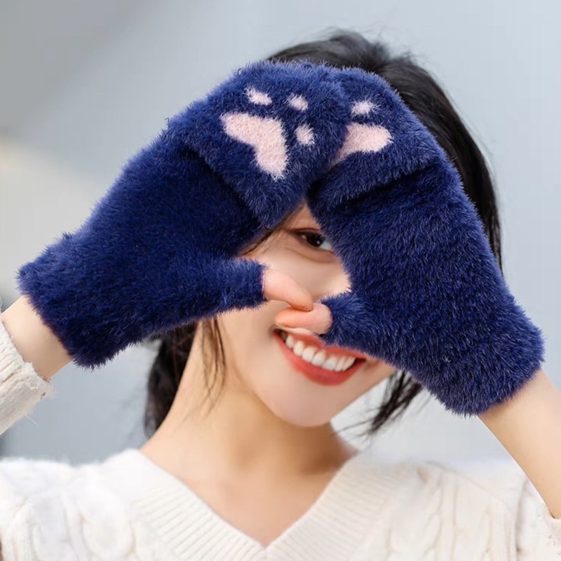 Sarung tangan bulu wanita winter gloves woman women import hangat lembut half finger fingerless 2in1 cat glove musim dingin paw kucing