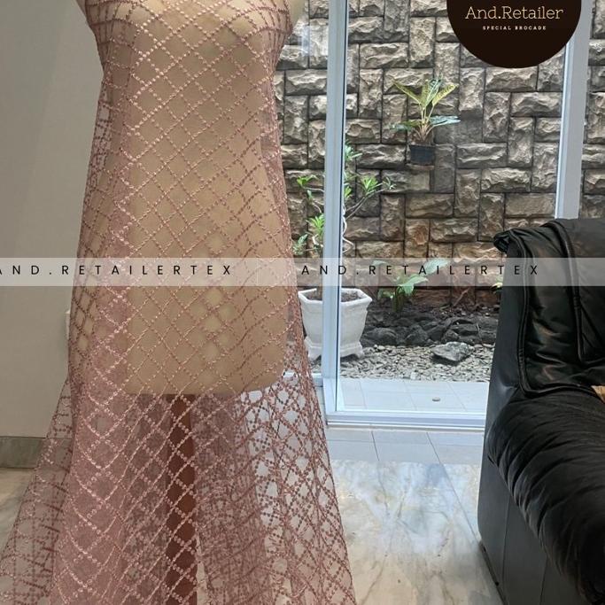 ■»► Kain Brokat Tile Bordir Maze Tile Kotak mesh Warna Rose Gold