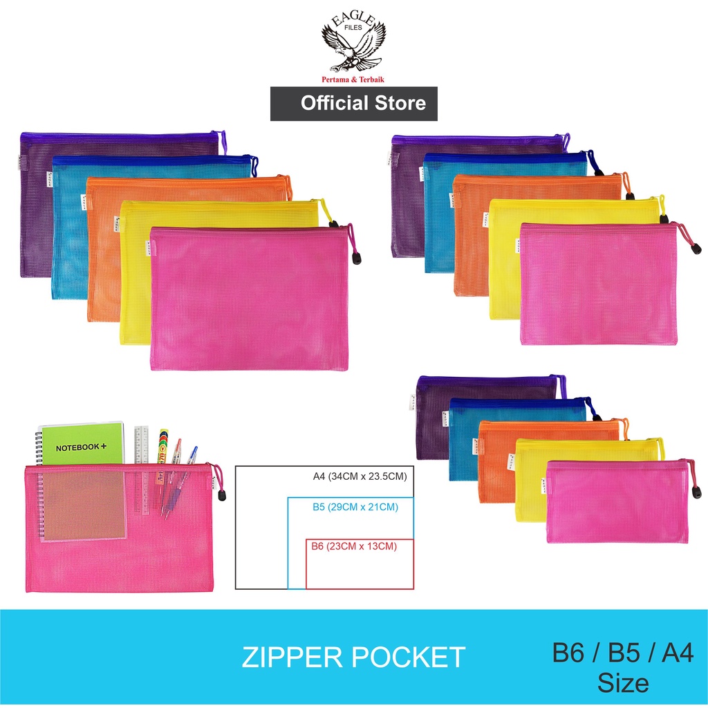 Jual Eagle Zipper Pocket Tempat Pensil Jaring Transparan Mesh Pencil Case Map Kain 8387