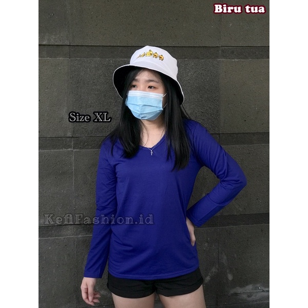 Kaos Polos Wanita Vneck Lengan Panjang - Bahan Spandex Adem Nyaman Melar Ukuran XL / Deker Baju Atas