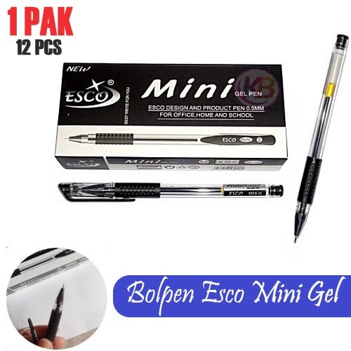 

bolpen esco mini gel - 1 lusin (12 pcs) - tinta hitam waterproof - tinta hitam pekat - atk blessing