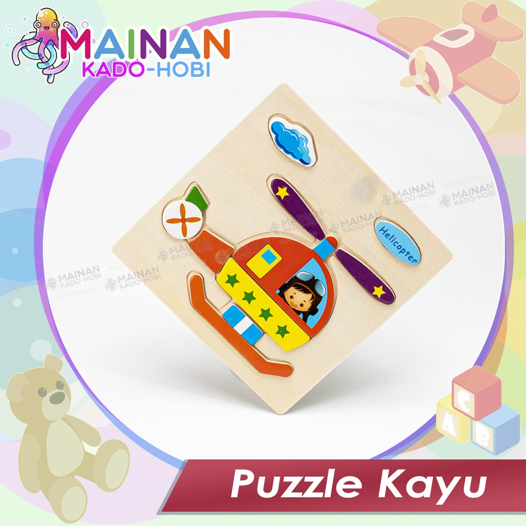 MAINAN EDUKASI ANAK WOODEN PUZZLE TRANSPORTASI KENDARAAN HELICOPTER