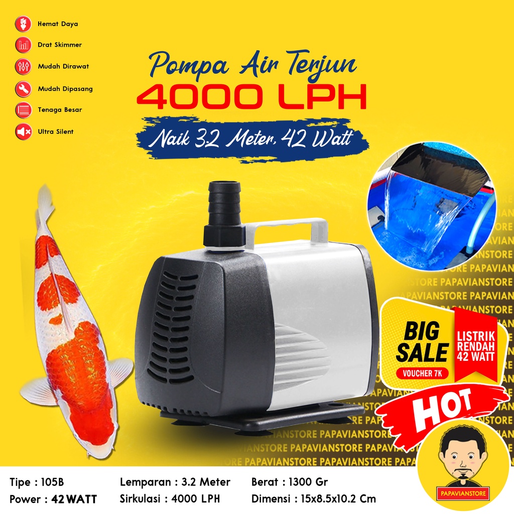 Pompa Kolam Ikan Koi - Mesin Air Terjun Celup Low Watt Submersible Aquarium Water Pump WP - 105B