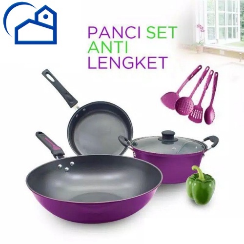 Panci Set Wajan Teflon dan Sutil 10 Pcs Anti Lengket Tutup Kaca 2629