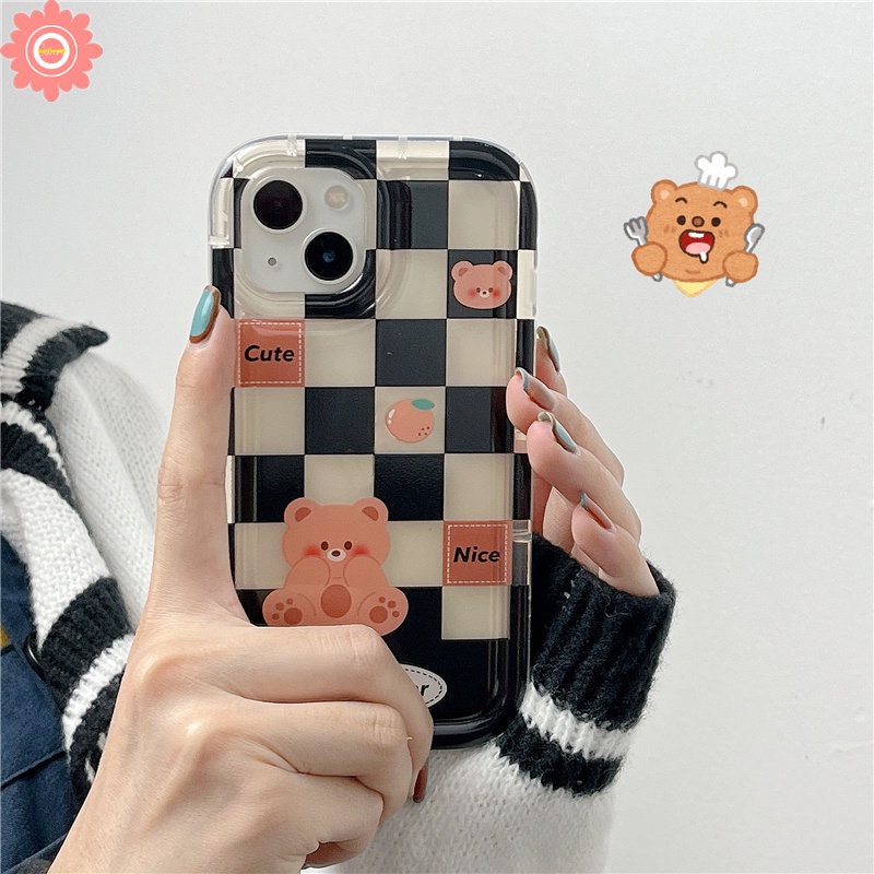 IPHONE Casing Kelinci Beruang Lucu Kompatibel Untuk Iphone11 13 14 12 Pro MAX 7plus 7 8 6 6S Plus XR X XS MAX Couple Case Kotak-Kotak Shockproof Airbag Soft TPU Lovers Phone Case