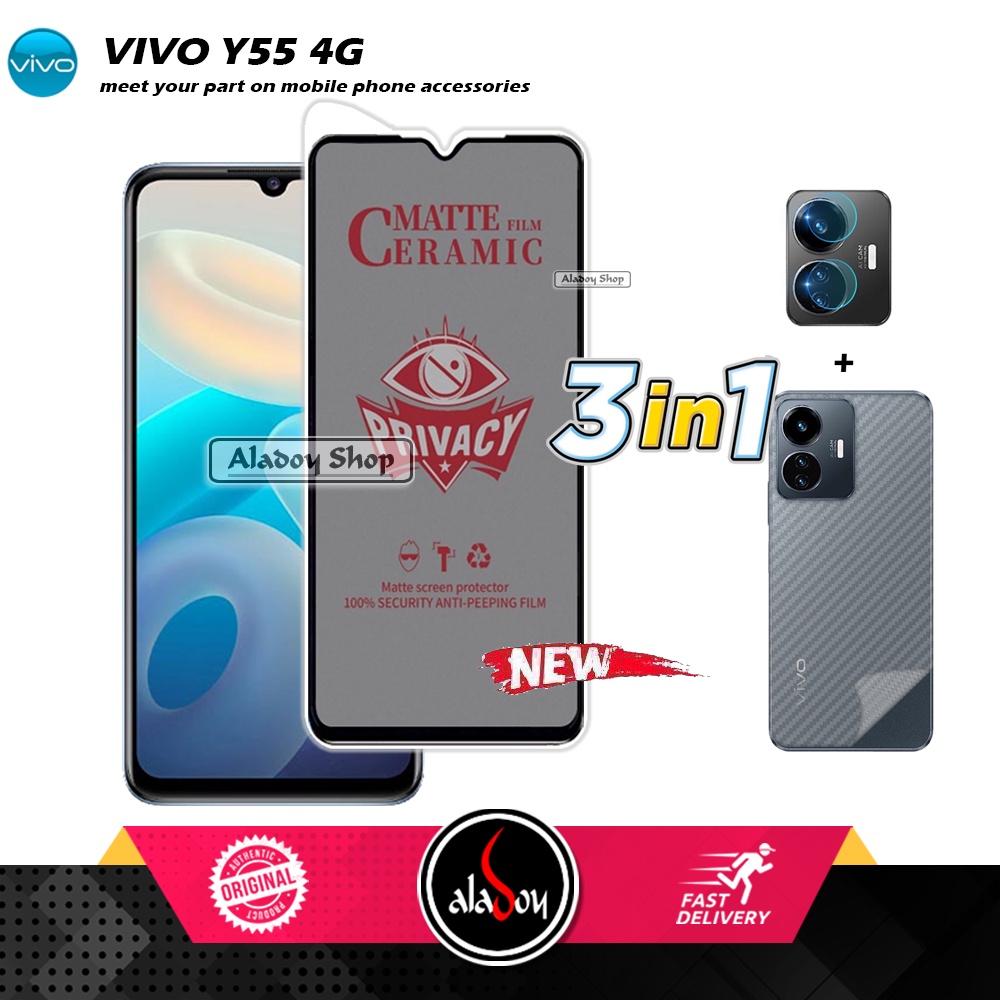 Tempered Glass Anti SPY Vivo Y55 4G Anti Gores Privacy + Tempered Glass kamera dan Skin Carbon