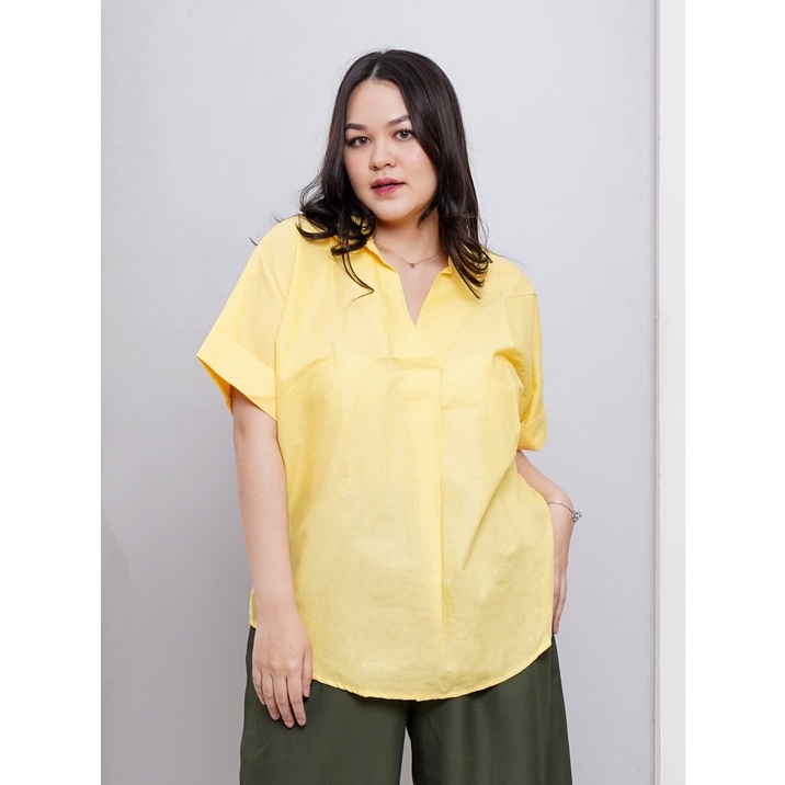 KEMEJA KATUN TWIST NECK JUMBO (Size XL-XXL) - Kemeja Wanita Kasual Lengan Pendek Bahan Cotton Gangna