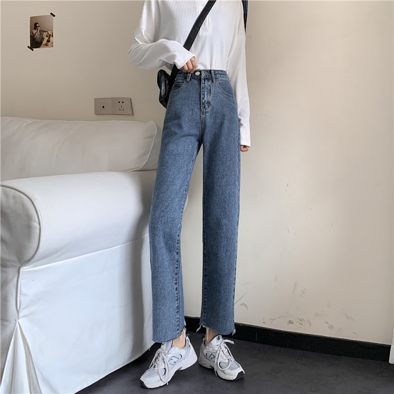 Biru retro high waist straight  kekinian celana jeans wanita