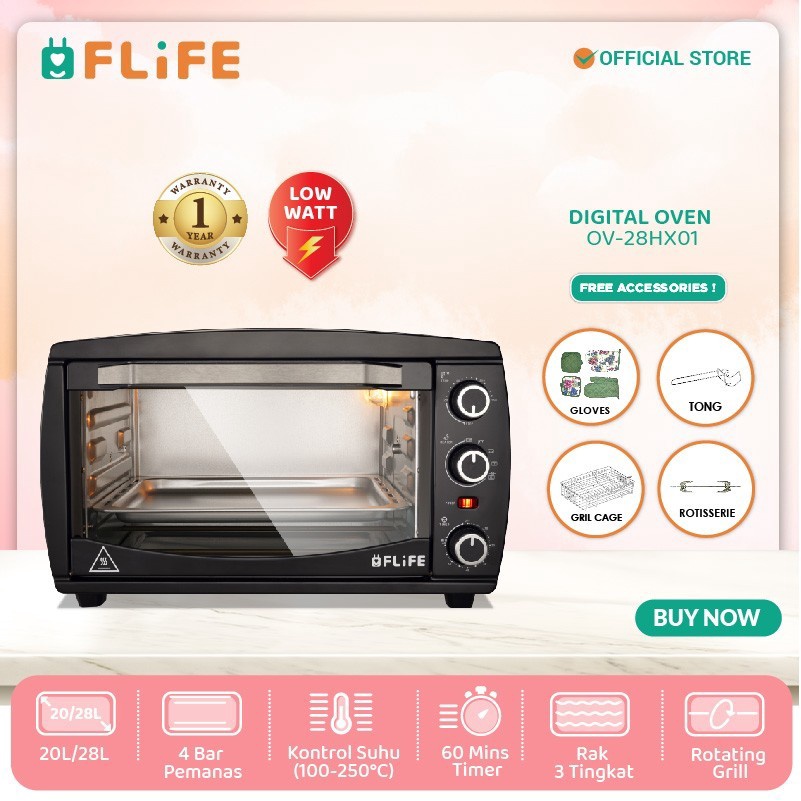 FLIFE Electric Oven 28 Liter Oven Listrik 4 Elemen Pemanas OV-28HX01