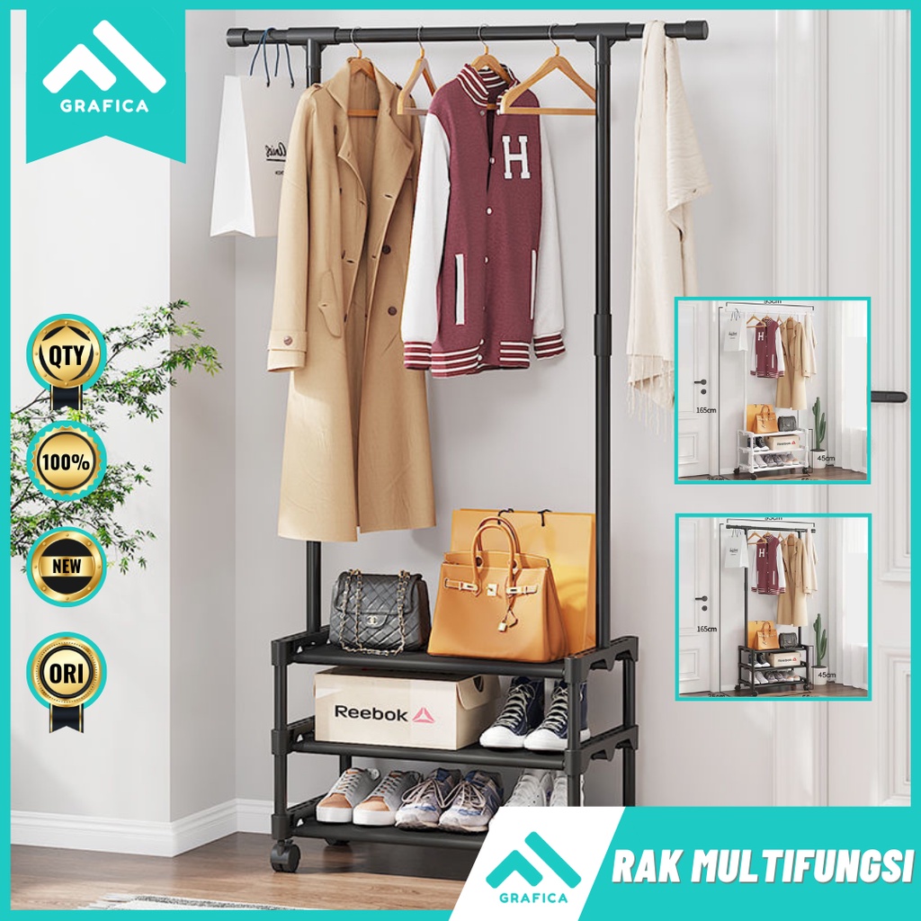 RAK GANTUNGAN STAND HANGER BAJU TOPI TAS RAK SEPATU 2 3 SUSUN TINGKAT RODA TROLI RAK GANTUNG PAKAIAN