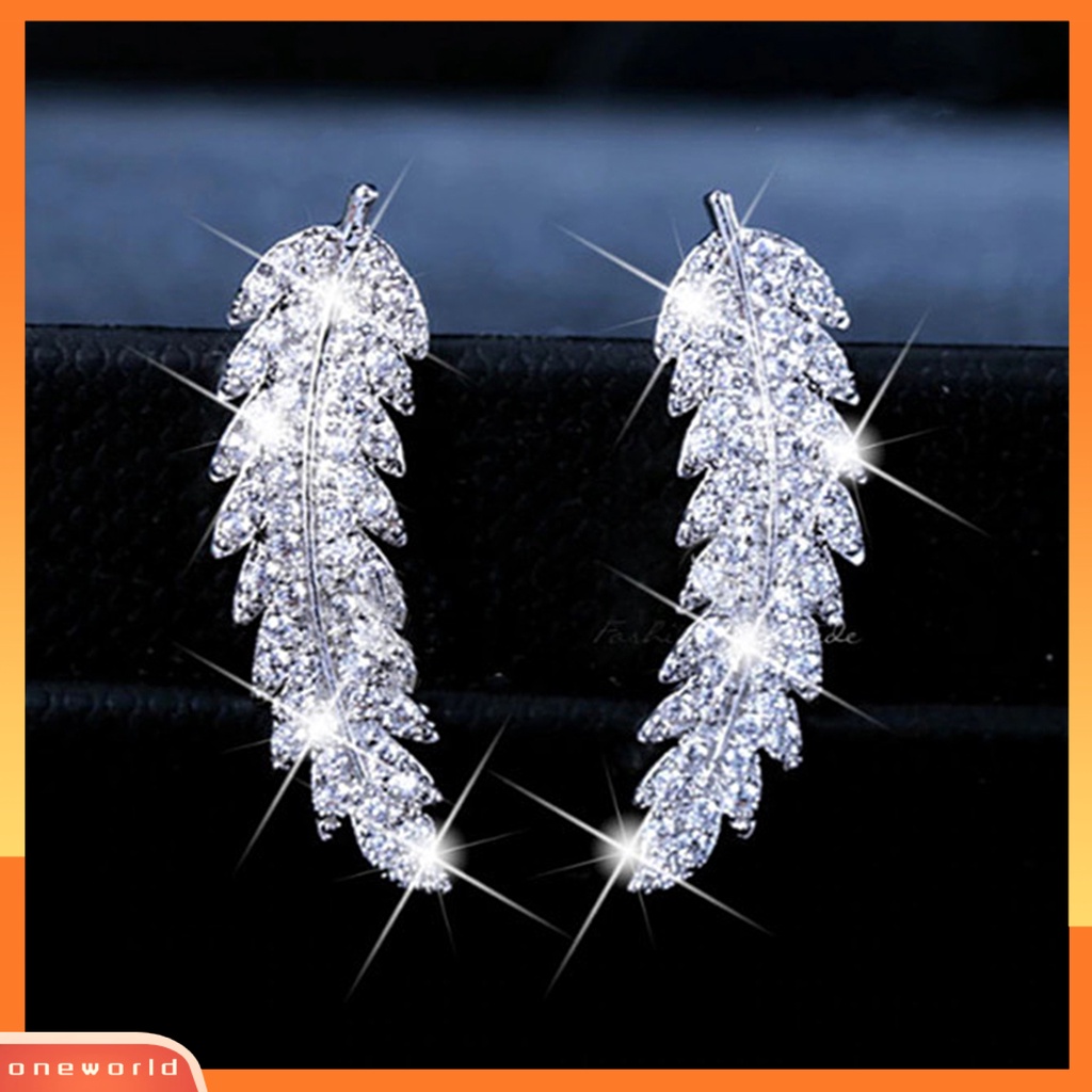 [WONE] 1pasang Wanita Anting Daun Berlian Imitasi Perhiasan Electroplating Sparkling Stud Earrings Untuk Pernikahan