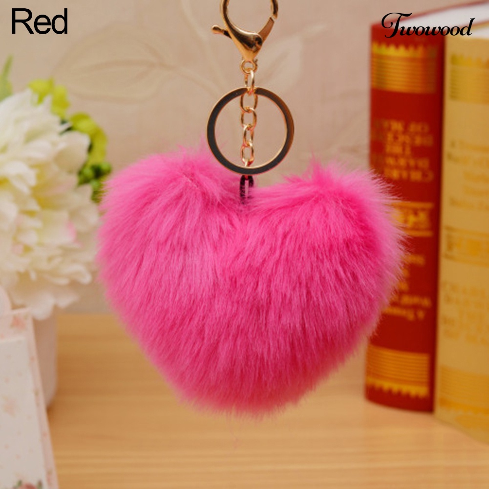 Twowood 10 cm Lucu Faux Fur Ball Pompom Bentuk Hati Gantungan Kunci Ponsel Mobil Handbag Key Ring