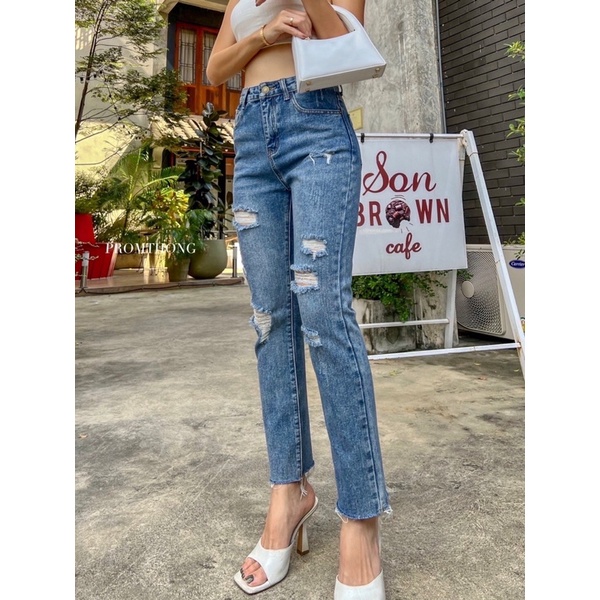 CELANA JEANS PROMTHONG 3523 HIGHWAIST DENIM RIPPED PANTS IMPORT  BANGKOK (CLPMT3523)