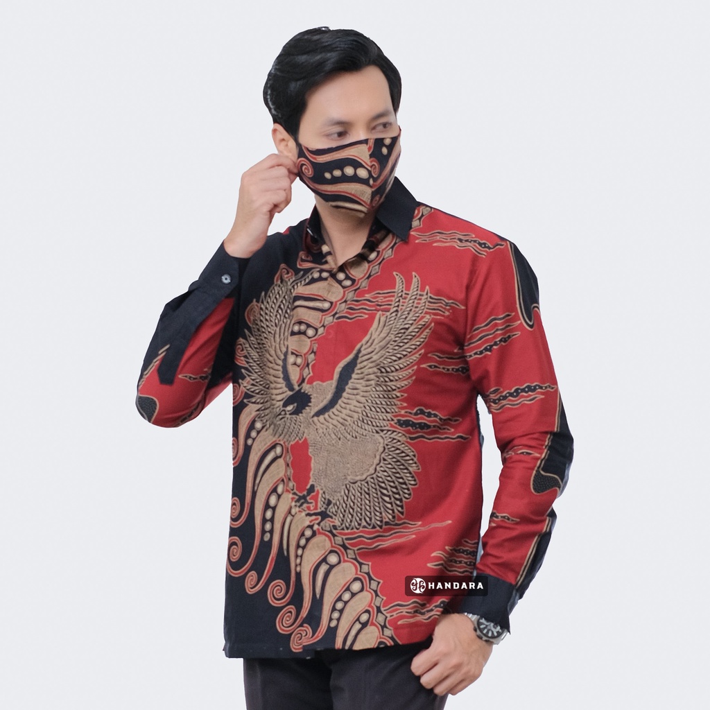 Baju Kemeja Batik Pria Lengan Panjang Slim Fit Premium Modern Full Furing Katun Halus Original Handara Motif Erlang Merah Hitam HB-290