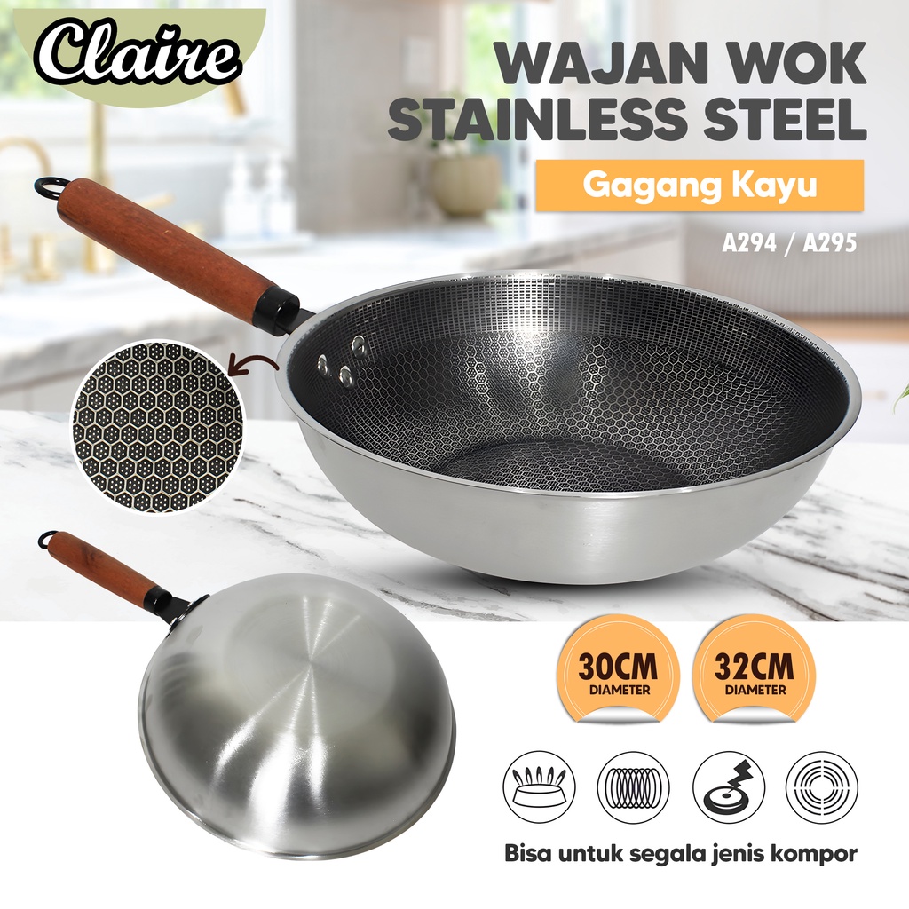 Wajan Wok Gagang Kayu Stainless Steel / Wajan Wok Tebal