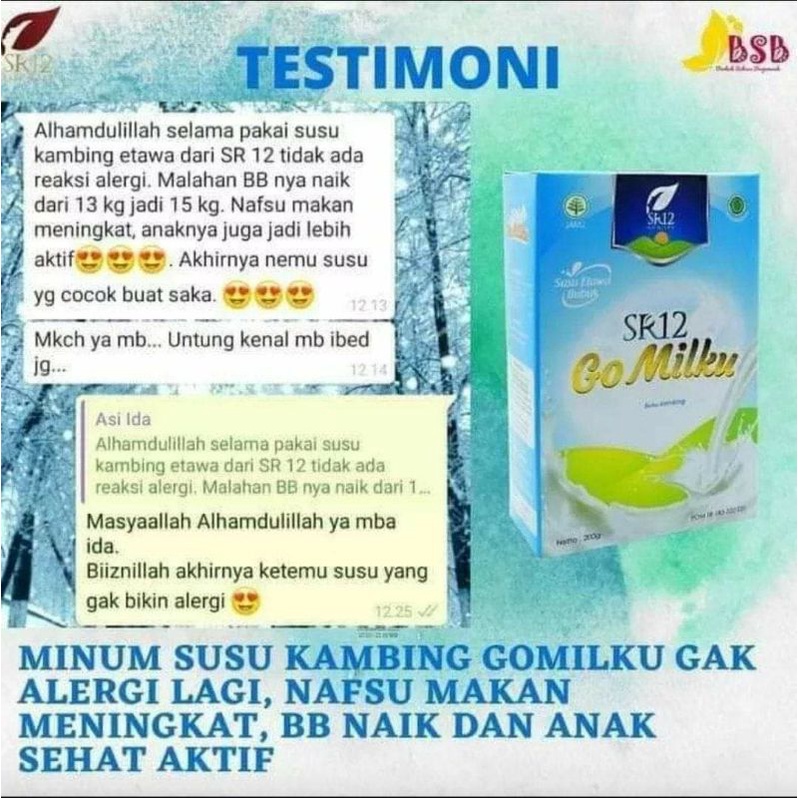 

Go Milku SR12/ Paket Sultan Susu Etawa/ Susu Kambing Etawa/ Susu ekstrak ikan gabus/ Susu ekstrak daun Kelor/ Susu Etawa Halal