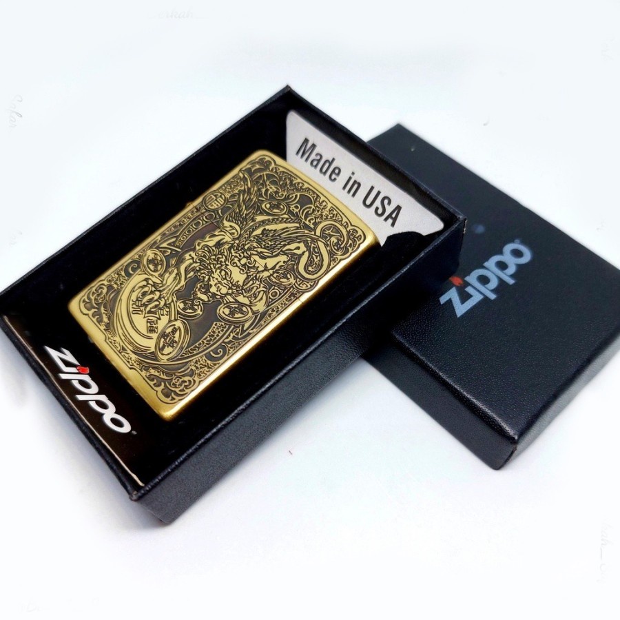 Korek Api Zippo 1 Side Gold Grafir Motif Naga Batik 2