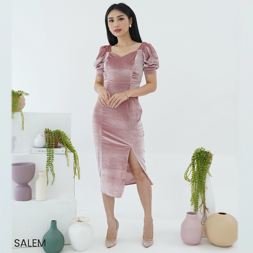 Velvet Dress Bodycon Hazel Dres Wanita Party Casual