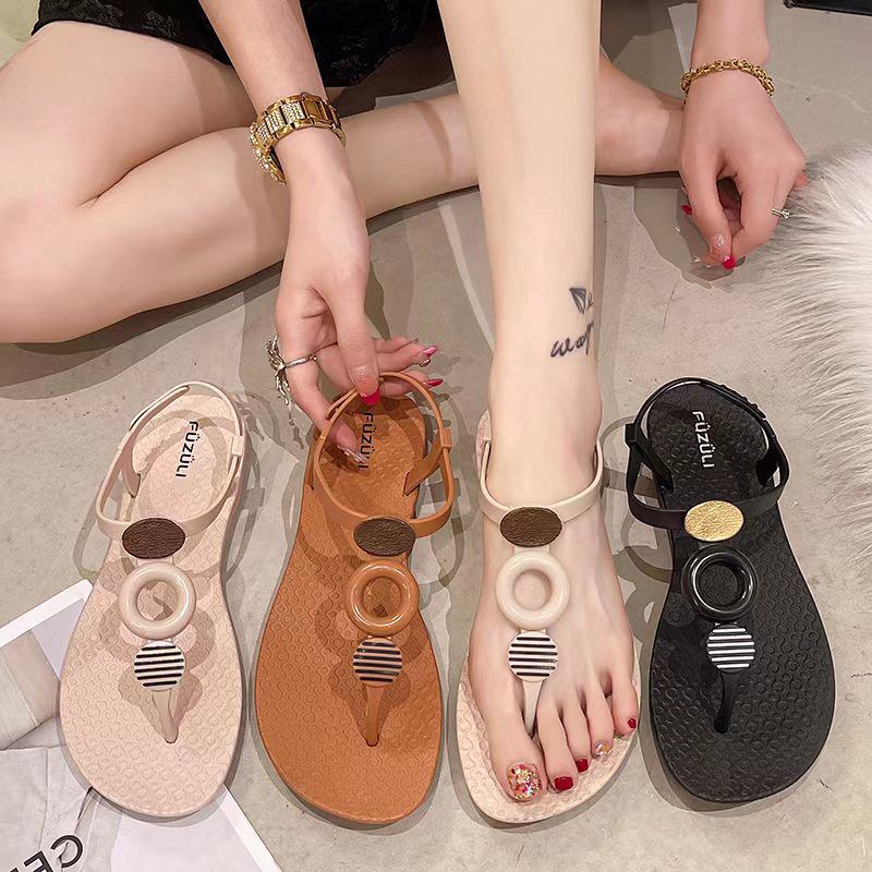 SHOEGALLERY TG1606 Sandal Wanita import Santai Pantai Bohemian Motif Bulat Dan Segitiga